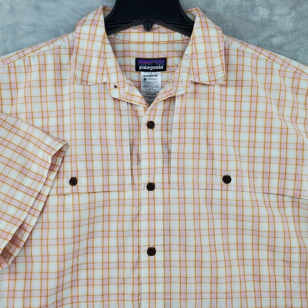 Patagonia Mens Xl Camp Collar Pink Plaid Shirt Polyester EUC